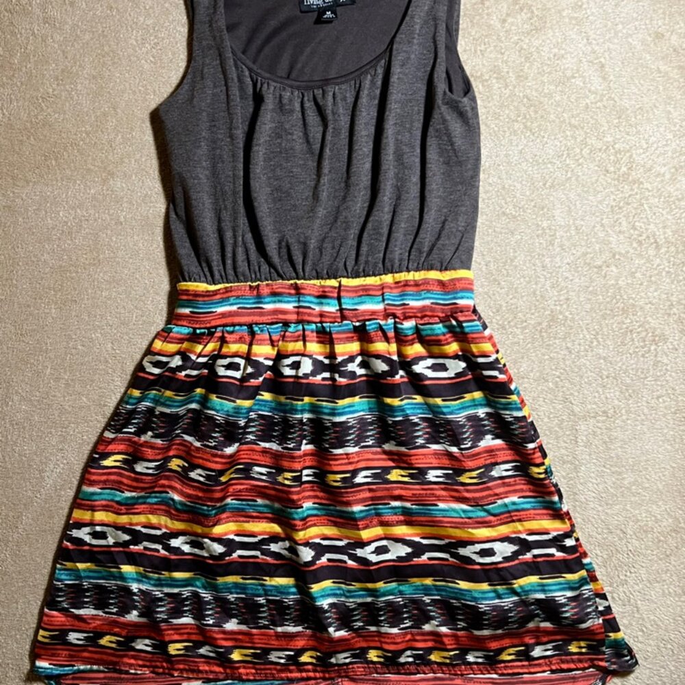 Living Doll LA Women Med Brown Multi-Color Tribal Aztec Hi Low Sleeveless Dress